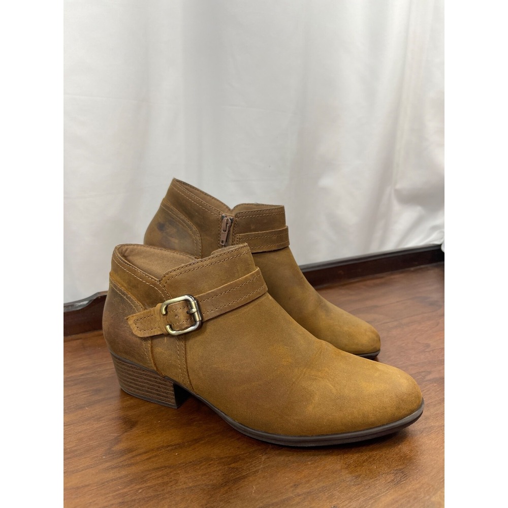 Clarks  Adreena Boots 11 M Mid Heels Ankle Booties Brown Leather Side Zip